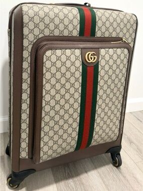 Auth - Gucci Savoy GG Supreme Medium Trolley Suitcase Web Stripe Rolling Luggage